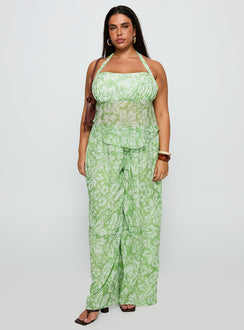 front view of model wearing Princess Polly Finesse Pants Green Floral Curve High Waisted Pants 