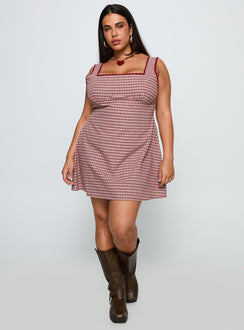 side view of model wearing Princess Polly Dasha Mini Dress Red Check Curve Square Neck 