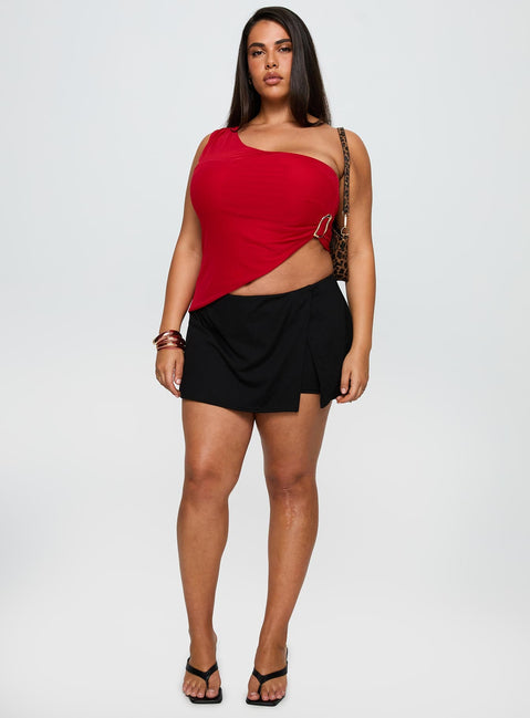 side view of model wearing Princess Polly For The Thrill Skort Black Curve High Waisted Shorts 