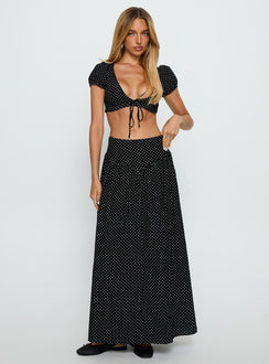 Alletta Drop Waist Maxi Skirt Black Polka