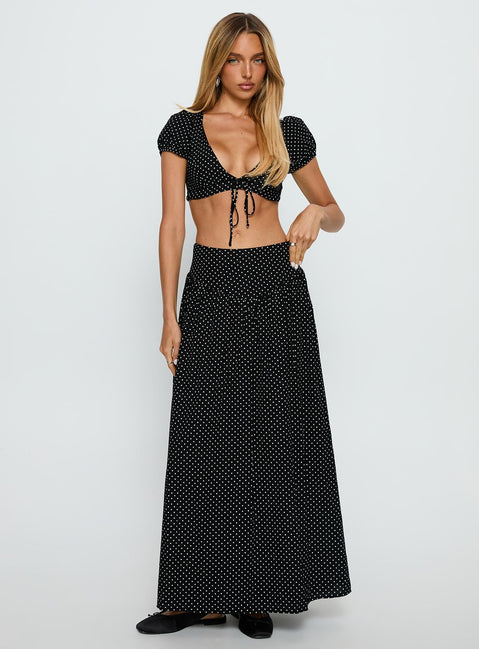 Alletta Drop Waist Maxi Skirt Black Polka