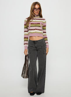 back view of model wearing Princess Polly Keeva Zip Through Knit Jumper Pink / Green Stripe Jumpers 