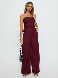 front view of model wearing Princess Polly Jinny Relaxed Buckle Tailored Pants Berry Pinstripe Low Rise Pants 