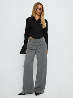 front view of model wearing Princess Polly Jinny Relaxed Buckle Tailored Pants Grey Pinstripe Low Rise Pants 