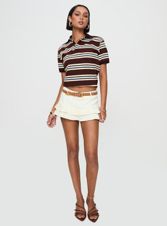 front view of model wearing Princess Polly Leisure Polo Chocolate Multi Short Sleeves High Neck 