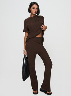 front view of model wearing Princess Polly Palomia Ribbed Pants Chocolate High Waisted Pants 
