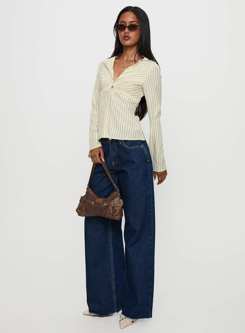 back view of model wearing Princess Polly Life Begins Long Sleeve Lace Trim Top Cream Stripe Full Sleeves V-Neck 