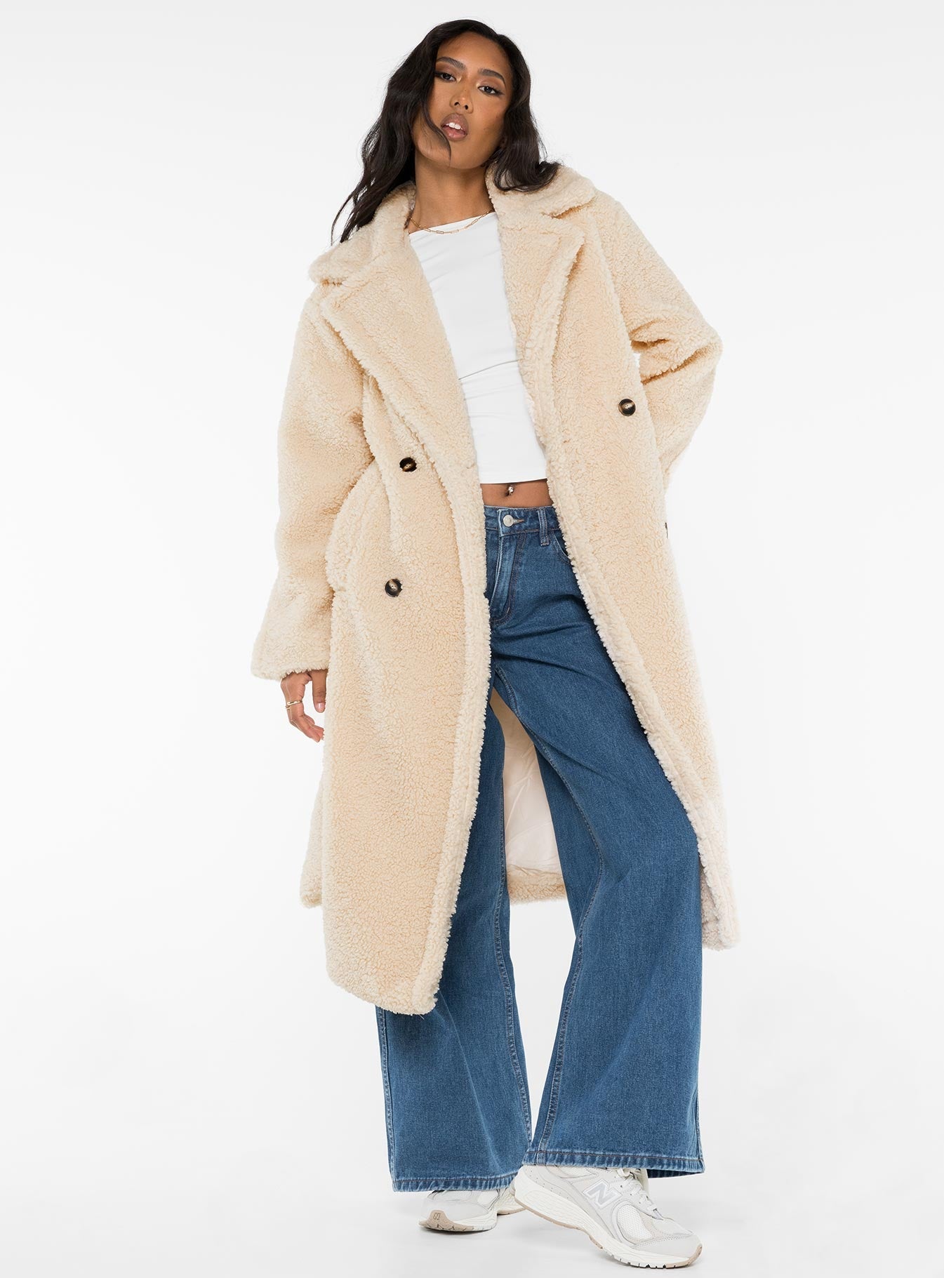 Long teddy coat Lapel collar, button fastening at front, twin hip pockets