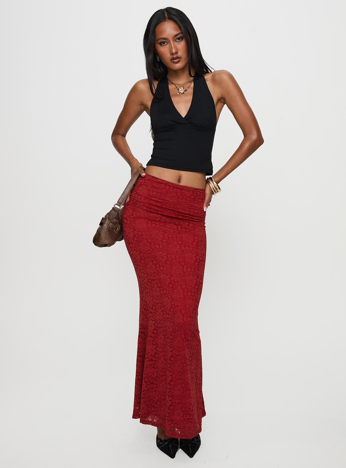   front view of model wearing Princess Polly Silene Maxi Skirt Red 