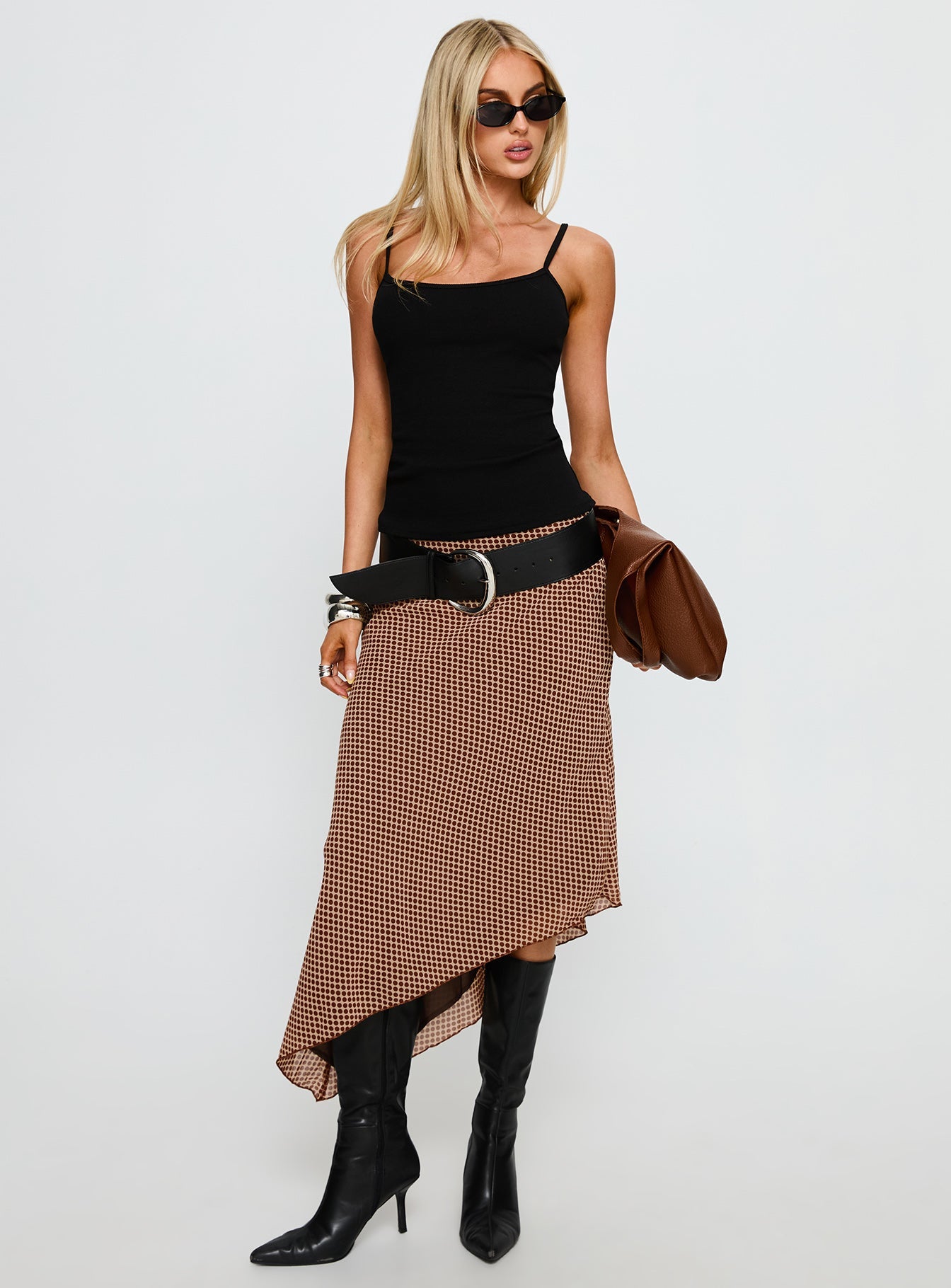   front view of model wearing Princess Polly Suella Asymmetrical Midi Skirt Brown Polka Dot Midi Skirts 