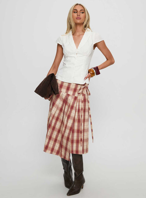   front view of model wearing Princess Polly Norie Wrap Pleat Midi Skirt Red Plaid Midi Skirts Skirts 