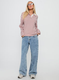 front view of model wearing Princess Polly High Regard Collared Jersey Pink Stripe Cropped 