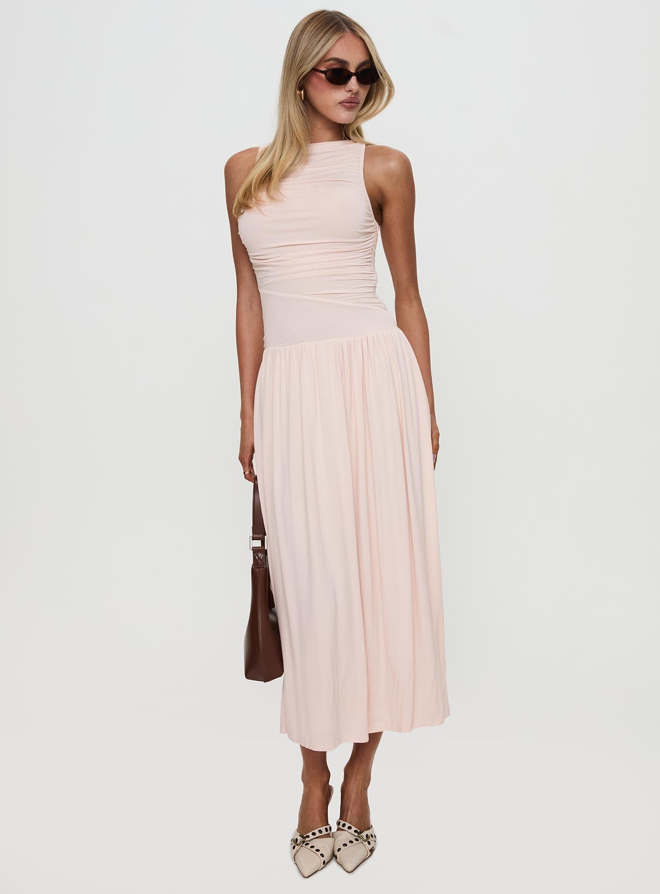 side view of model wearing Princess Polly Reveur Ruched Maxi Dress Pink High Neck 