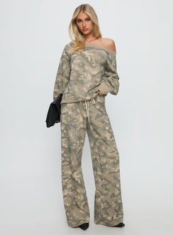 front view of model wearing Princess Polly Dodie Wide Leg Pants Camo High Rise Pants 
