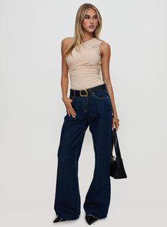 front view of model wearing Princess Polly Heston Asymmetrical Ruched Bodysuit Beige Sleeveless 