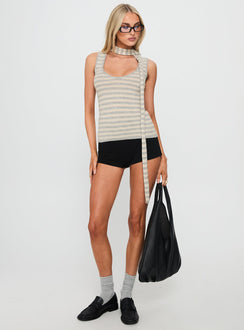 Roana Reversible Scarf Tie Knit Top Grey Stripe