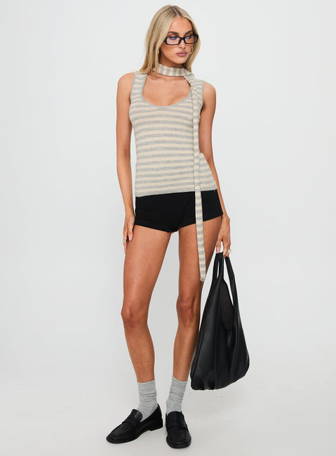 Roana Reversible Scarf Tie Knit Top Grey Stripe