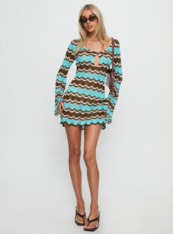 Suka Long Sleeve Knit Mini Dress Brown / Blue