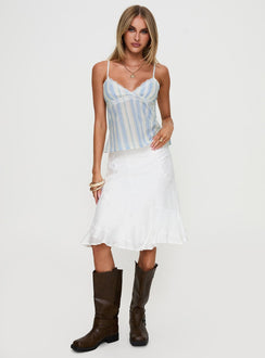 front view of model wearing Princess Polly Lunya Top Blue Stripe Sleeveless Plunger 