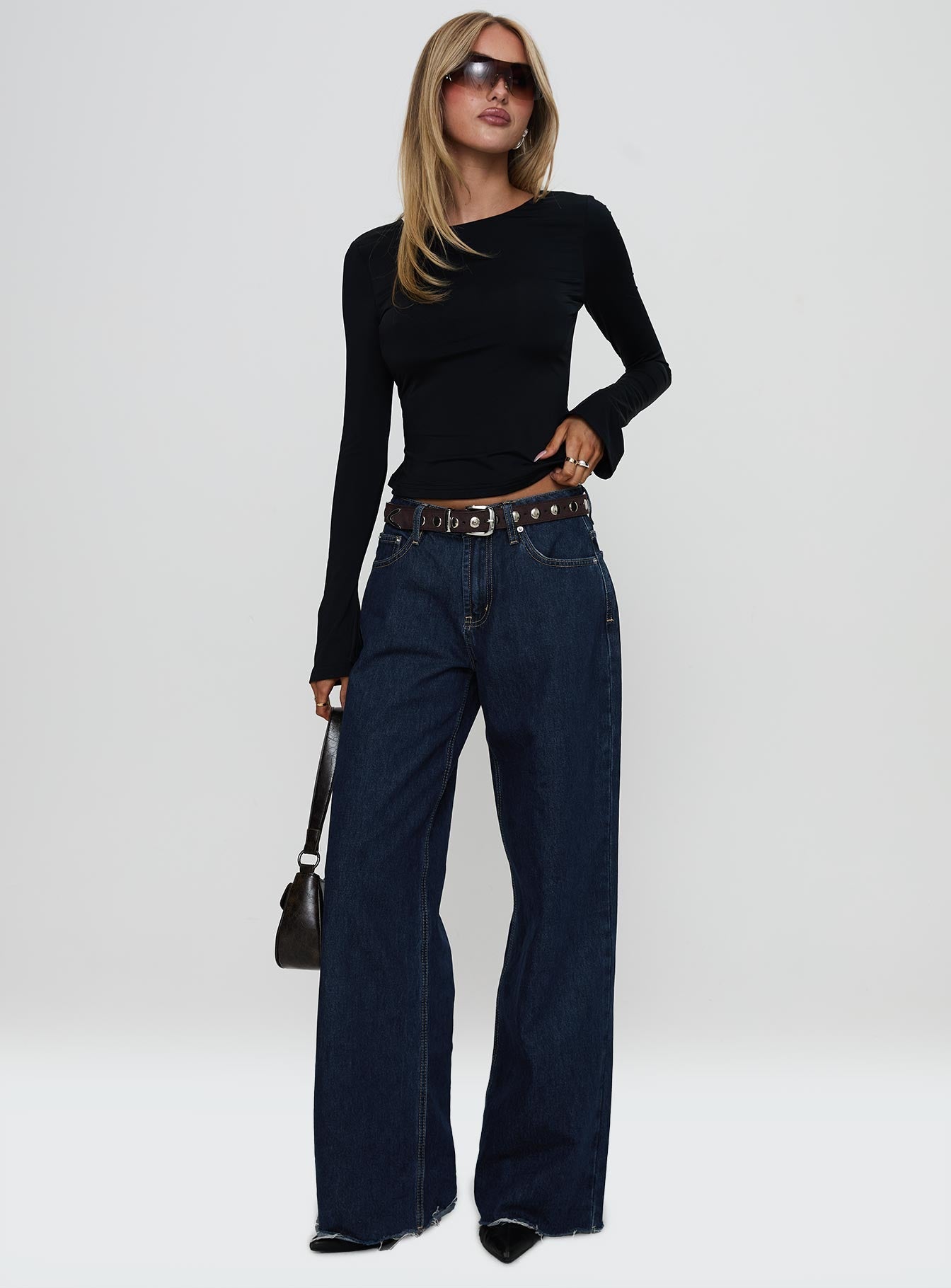 front view of model wearing Princess Polly Harpur Long Sleeve Backless Top Black Full Sleeves Crew Neck 