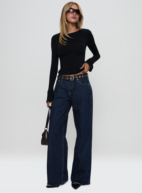 front view of model wearing Princess Polly Harpur Long Sleeve Backless Top Black Full Sleeves Crew Neck 