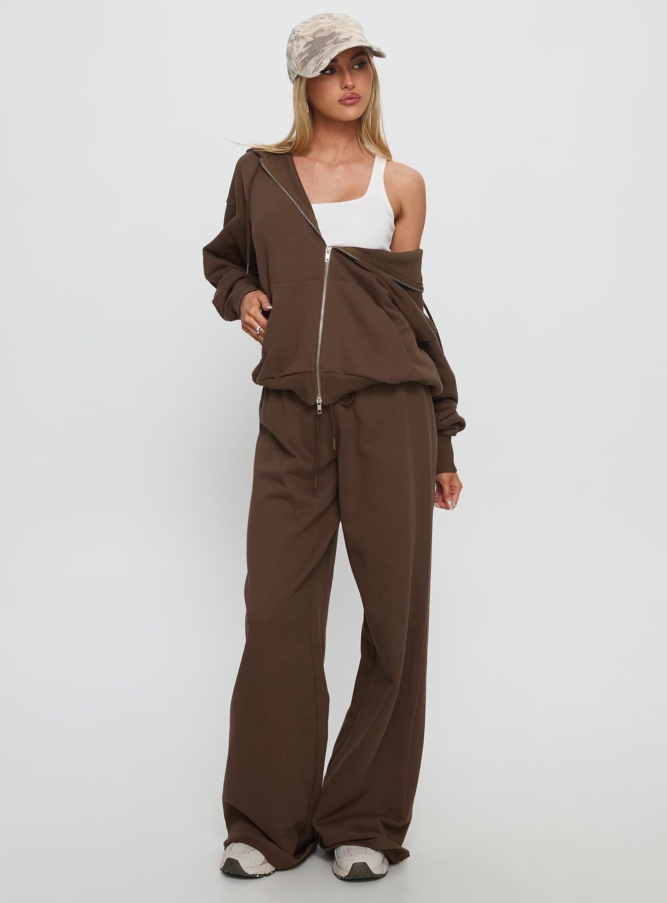 front view of model wearing Princess Polly All Day Straight Leg Sweatpants Chocolate Brown High Rise Pants 