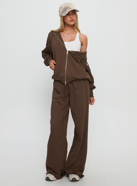 front view of model wearing Princess Polly All Day Straight Leg Sweatpants Chocolate Brown High Rise Pants 