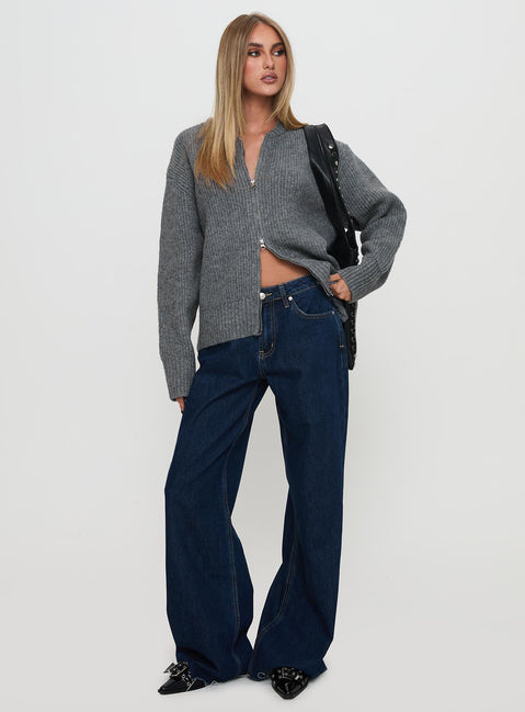 front view of model wearing Princess Polly Lexene Zip Through Jumper Grey Longline Jumpers Jumpers 