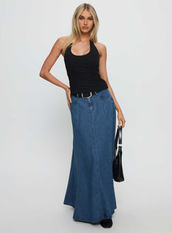   front view of model wearing Princess Polly Charleigh Soft Pleat Denim Maxi Skirt Mid Blue Wash Maxi 