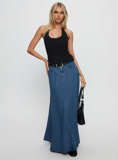   front view of model wearing Princess Polly Charleigh Soft Pleat Denim Maxi Skirt Mid Blue Wash Maxi 