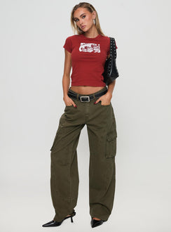 front view of model wearing Princess Polly Ahstin Cargo Jeans Green Low Rise Jeans 