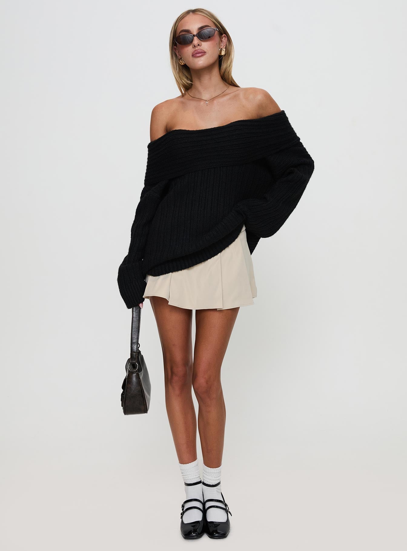 front view of model wearing Princess Polly Snowie Off Shoulder Knit Sweater Black Long 