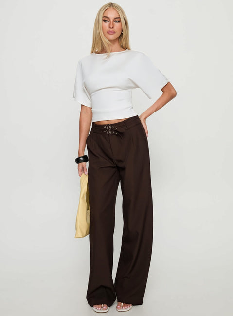 front view of model wearing Princess Polly Wylma Belt Detail Tailored Pants Chocolate High Rise Pants 