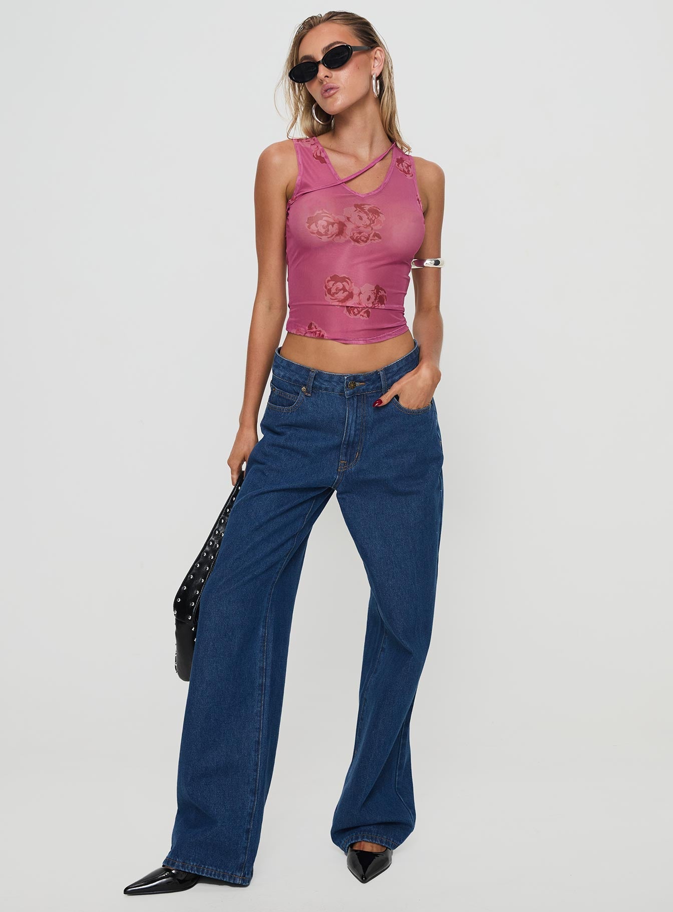 front view of model wearing Princess Polly Dangelio Mesh Top Pink Sleeveless V-Neck 