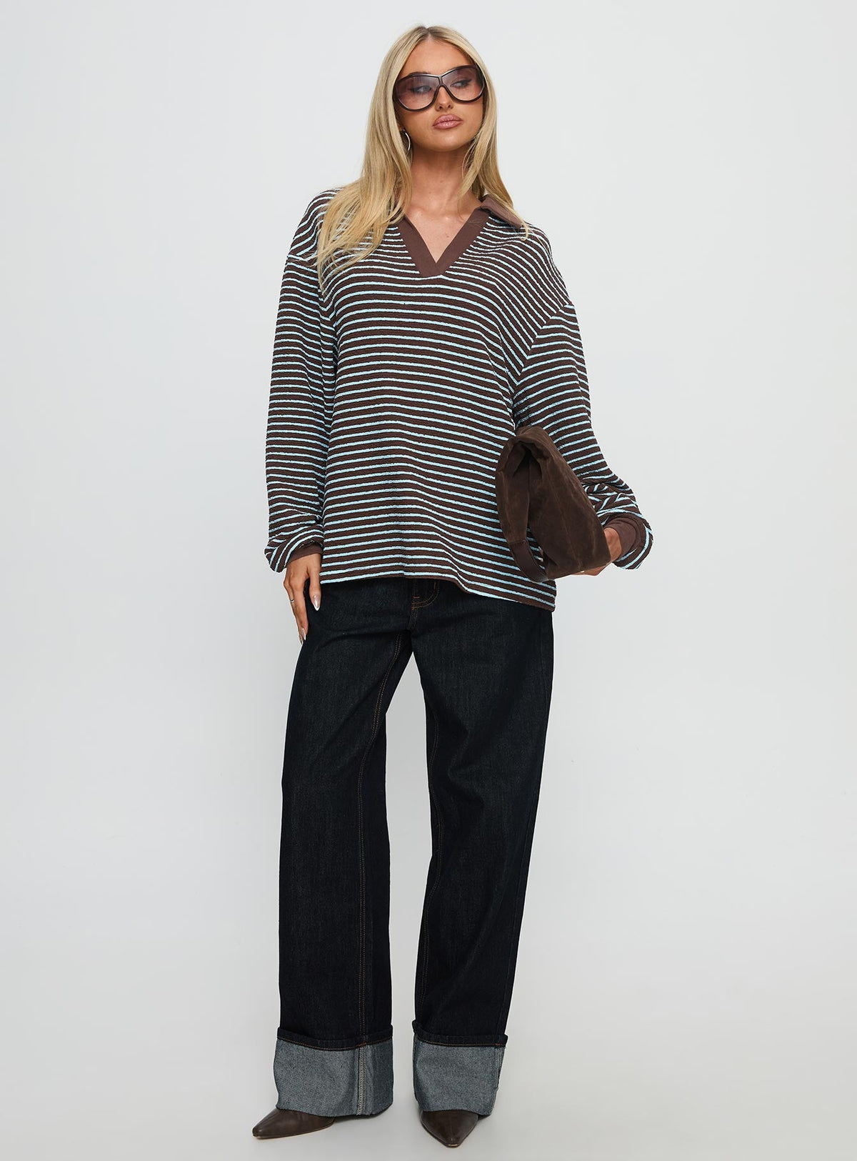 front view of model wearing Princess Polly Rigbys Collared Jumper Brown / Blue Stripe Longline Jumpers Jumpers 