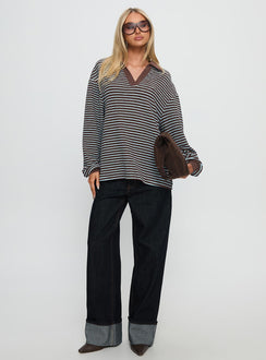 front view of model wearing Princess Polly Rigbys Collared Jumper Brown / Blue Stripe Longline Jumpers Jumpers 
