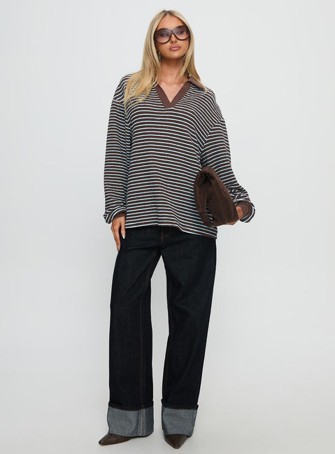 front view of model wearing Princess Polly Rigbys Collared Jumper Brown / Blue Stripe Longline Jumpers Jumpers 