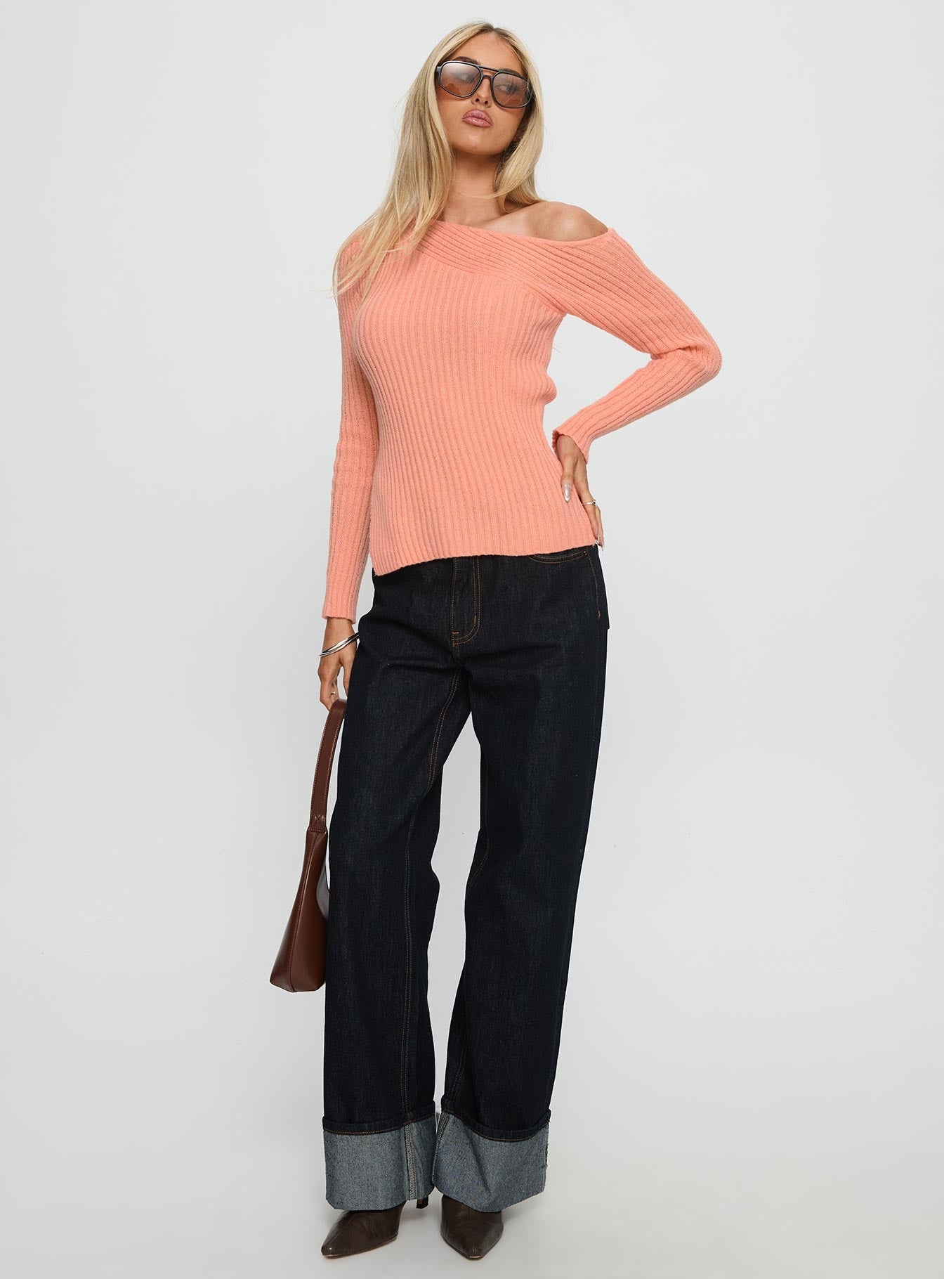 front view of model wearing Princess Polly Exquisite Off Shoulder Knit Sweater Orange Long 