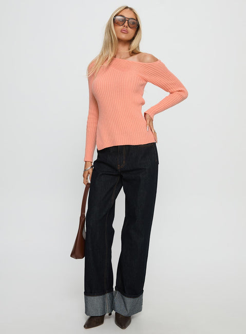 front view of model wearing Princess Polly Exquisite Off Shoulder Knit Sweater Orange Long 
