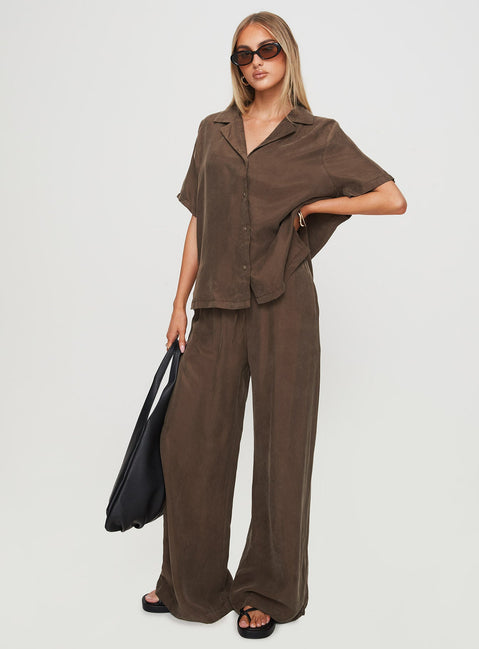 front view of model wearing Princess Polly Tranquilis Shirt Brown Half Sleeves V-Neck 