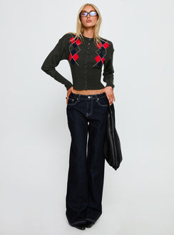 front view of model wearing Princess Polly Head In The Clouds Knit Cardigan Grey Argyle cropped 