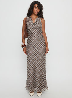 Veida Cowl Neck Maxi Dress Brown Check