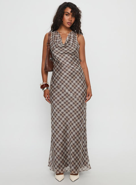 Veida Cowl Neck Maxi Dress Brown Check