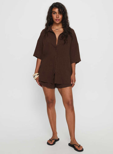 Peni Linen Button Down Top Chocolate