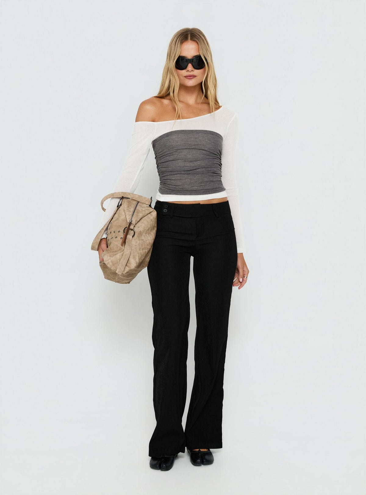 Norra Layered Off Shoulder Long Sleeve Top Grey / White