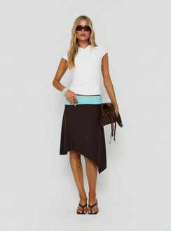 Featuring the Suave Asymmetrical Contrast Midi Skirt Brown / Aqua womens-skirts in midi length view of model wearing Princess Polly