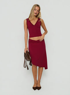 Phoebella Lace Trim V Neck Top Burgundy