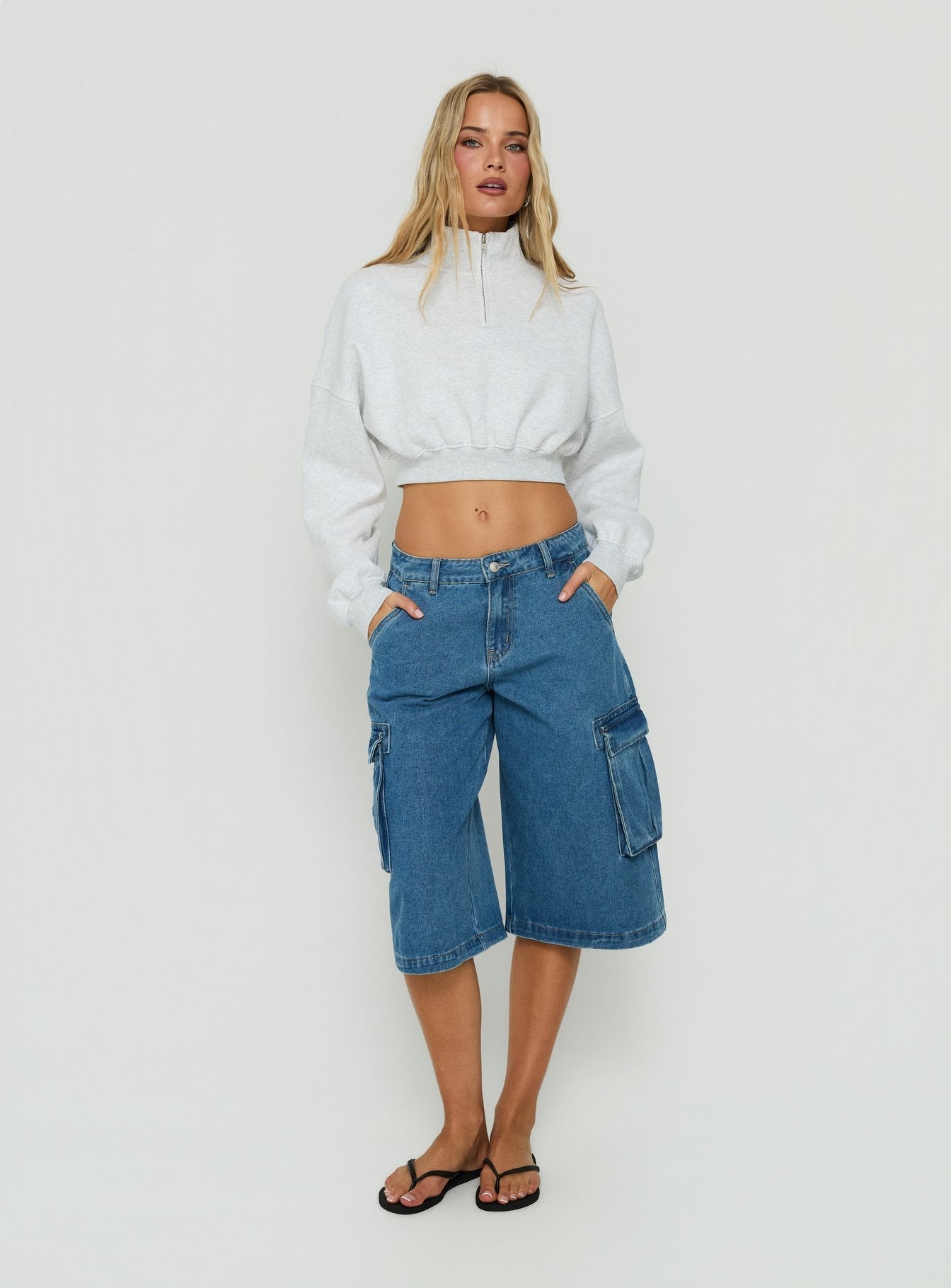 Astridd 3/4 Zip Cropped Jumper Grey Marle