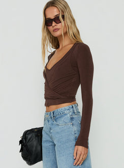 Denni Long Sleeve Wrap Top Chocolate