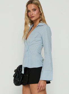 Keiraa Cross Front Long Sleeve Shirt Blue Check